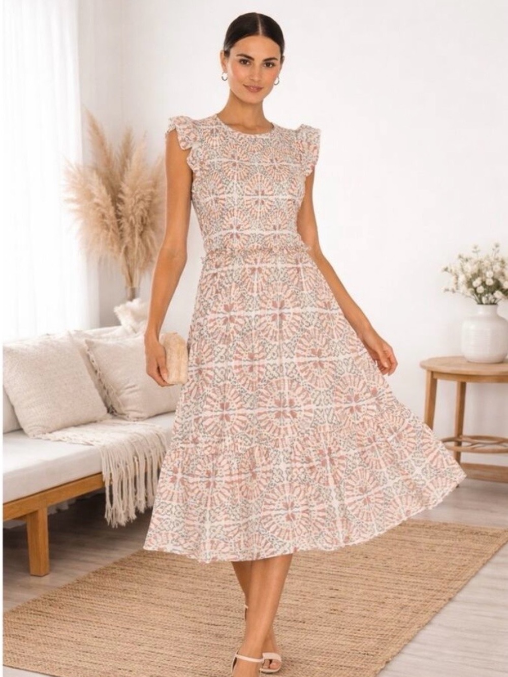 Cleobella Anthropologie Emmy Smocked Midi Dress Pink White Flutter Sleeve Boho